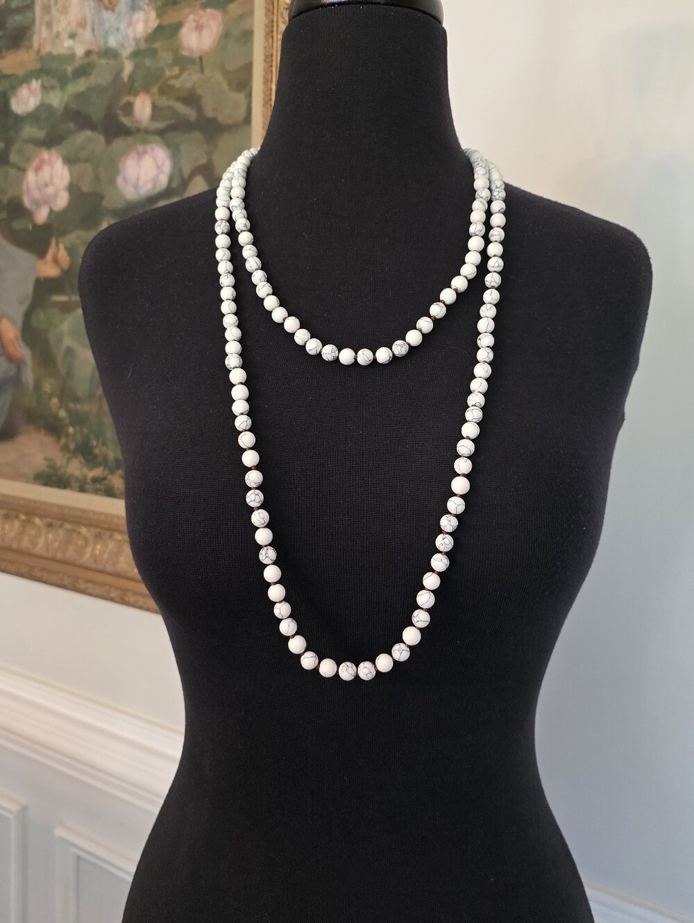 Hand KnottedWhite Howlite Bead Long Necklace 60"